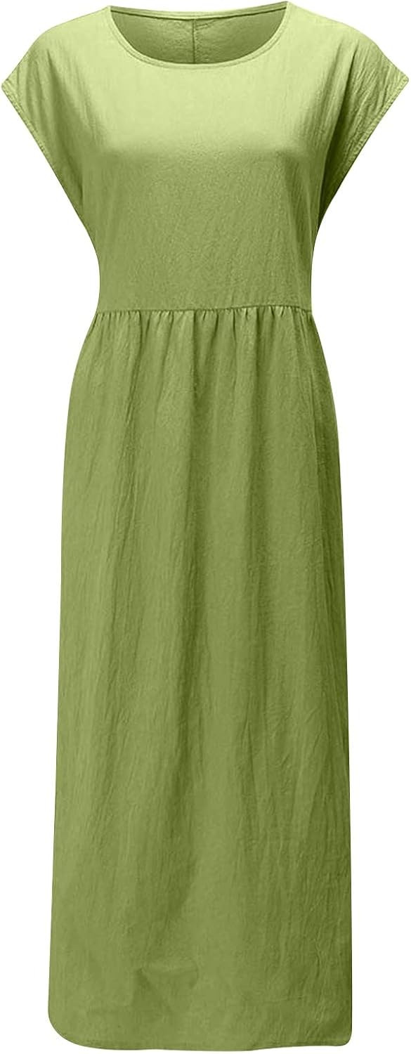 Linen Dresses for Women 2025 Summer Fashion Solid Color Sleeveless Dresses Beach Flowy Maxi Dresses Casual Sundress