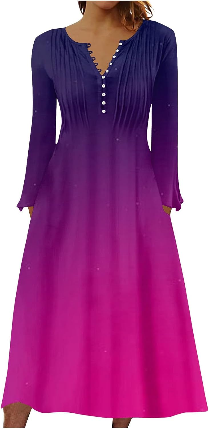DOPOCQ Fall Women Dresses 2023 Long Sleeve V Neck Plus Size Maxi Dress Boho Dress High Waisted A-Line Dress with Pocket