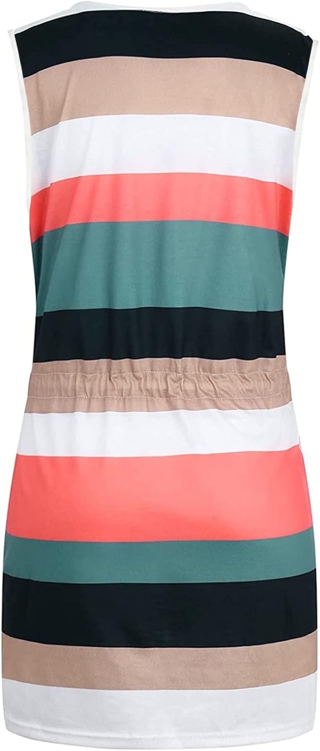 Women Summer Casual Striped Dress Drawstring Waist Tie Knot Mini Dresses Short Sleeve V Neck Tank Dress with Pocket