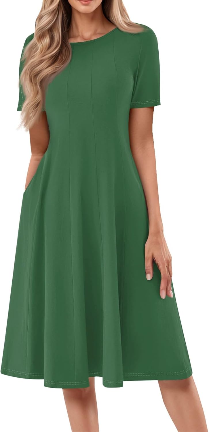 Summer Dresses for Women 2025 Crew Neck Short Sleeve Boho Beach Vacation Floral/Solid Midi Sundresses with Pockets