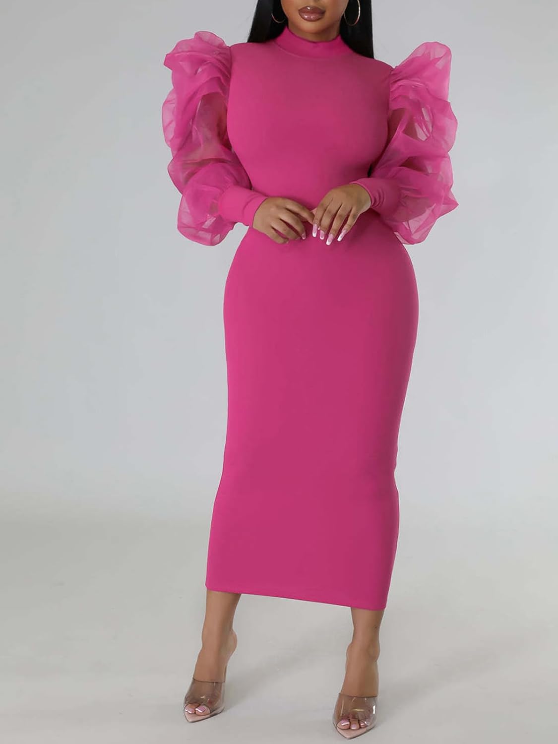 Ekaliy Women's See Through Bodycon Dress Sheer Mesh Long Puff Lantern Sleeve Dress Sexy Club Party Midi Dress Clubwear