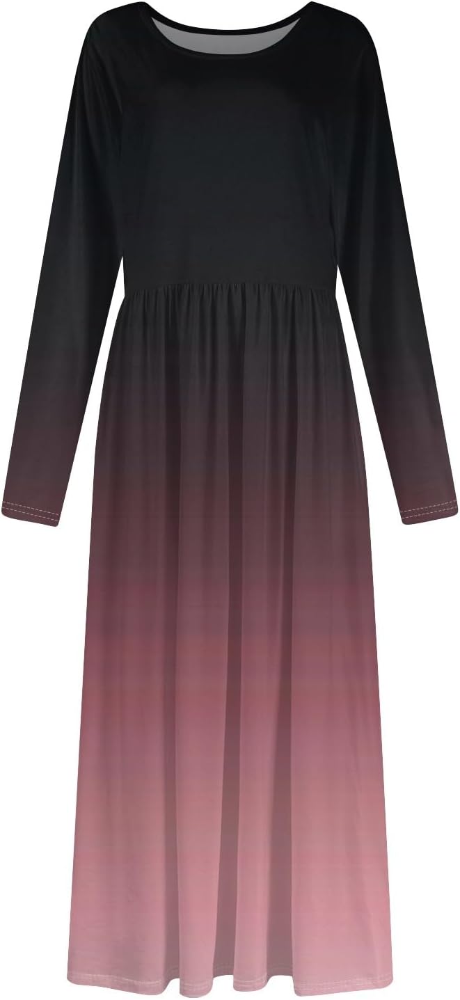 Long Sleeve Maxi Dress for Women Elegant Crew Neck Flowy Swing Dresses Solid Color Wedding Guest Dresses