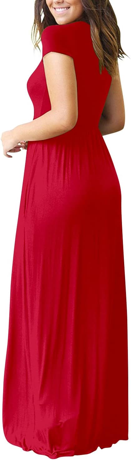 DEARCASE Maxi Dress for Women Short Sleeve Casual Summer Loose Plain Comfy Long Dresses with Pockets