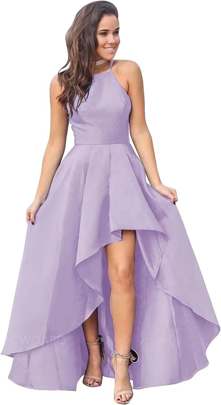 CWOAPO Halter High Low Bridesmaid Dress Evening Dress Satin Homecoming Dresses A Line Cocktail Gowns with Pockets