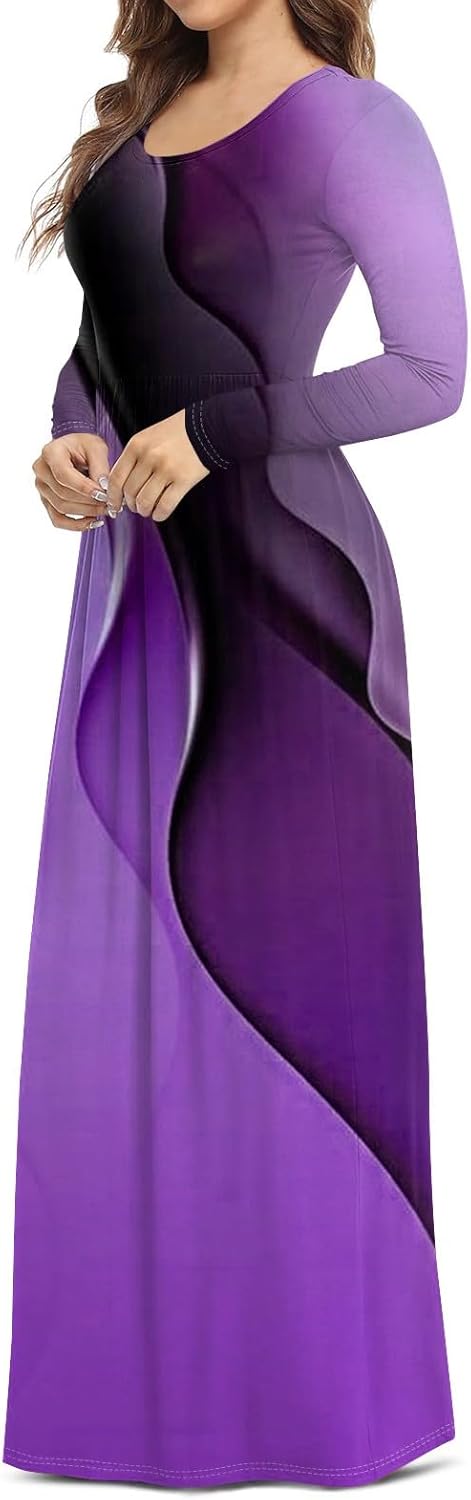 Long Sleeve Maxi Dress for Women Elegant Crew Neck Flowy Swing Dresses Solid Color Wedding Guest Dresses
