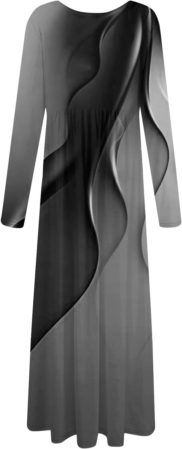 Long Sleeve Maxi Dress for Women Elegant Crew Neck Flowy Swing Dresses Solid Color Wedding Guest Dresses