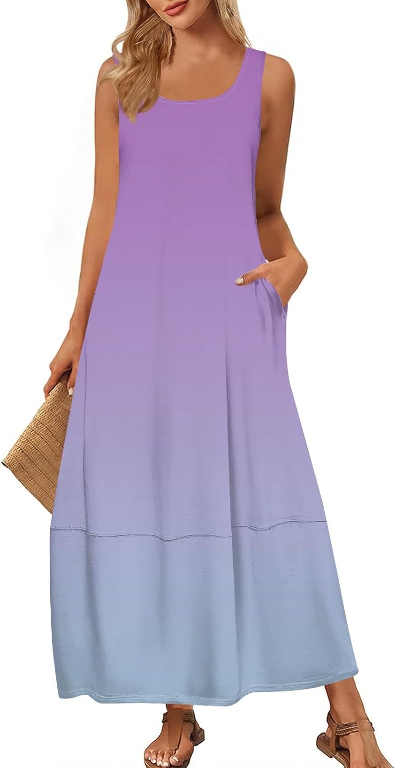Womens Summer Tank Dress Vacation Boho Floral Long Dresses with Pockets Resort Wear Swing Beach Sleeveless Sundress