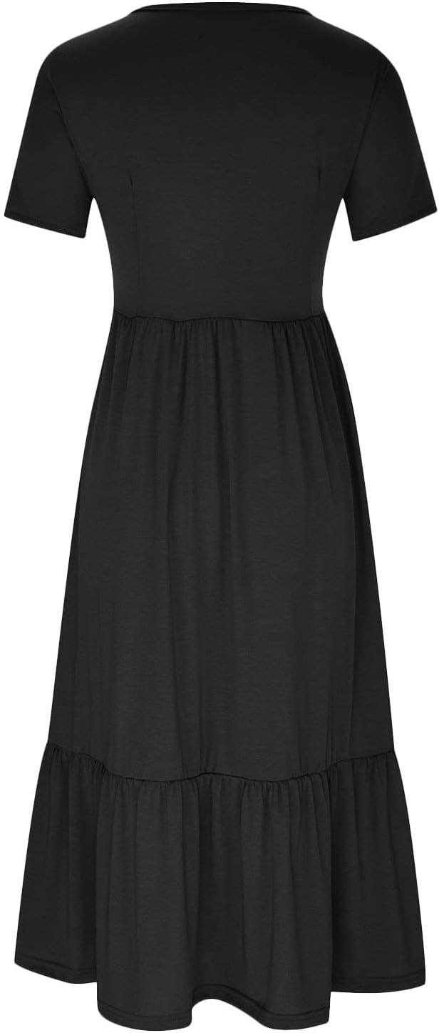 XUNRYAN Summer Dresses for Women 2024 Casual Calf Length Maxi Dress Pleated Flowy Tiered Swing Beach Sundress with Pockets