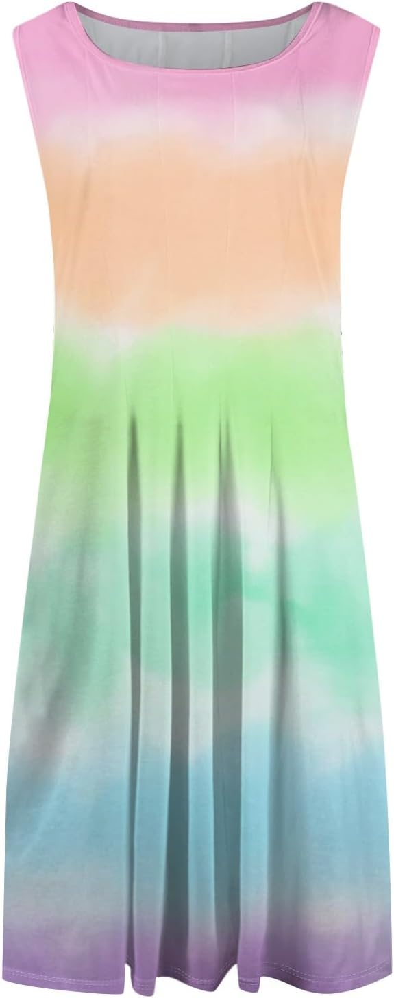 Womens Tank Sundress 2025 Casual Floral Print Tshirt Dress Swing Sleeveless Midi Dress Crewneck Pleated Summer Dresses