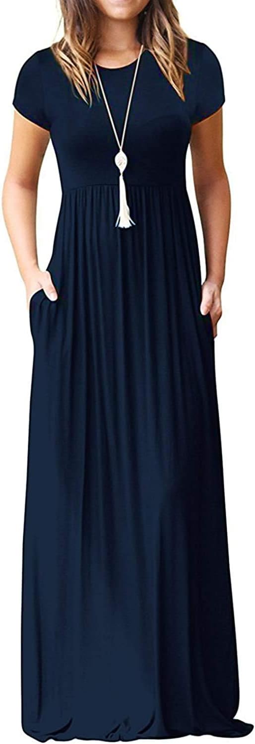 DEARCASE Maxi Dress for Women Short Sleeve Casual Summer Loose Plain Comfy Long Dresses with Pockets