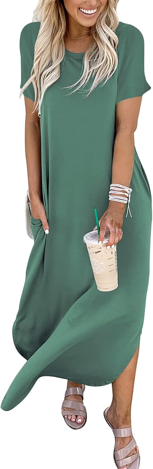 ANRABESS Women's Summer Casual Loose Short Sleeve Long T Shirt Dress Split Maxi Beach Sundress Travel Vacation Outfits