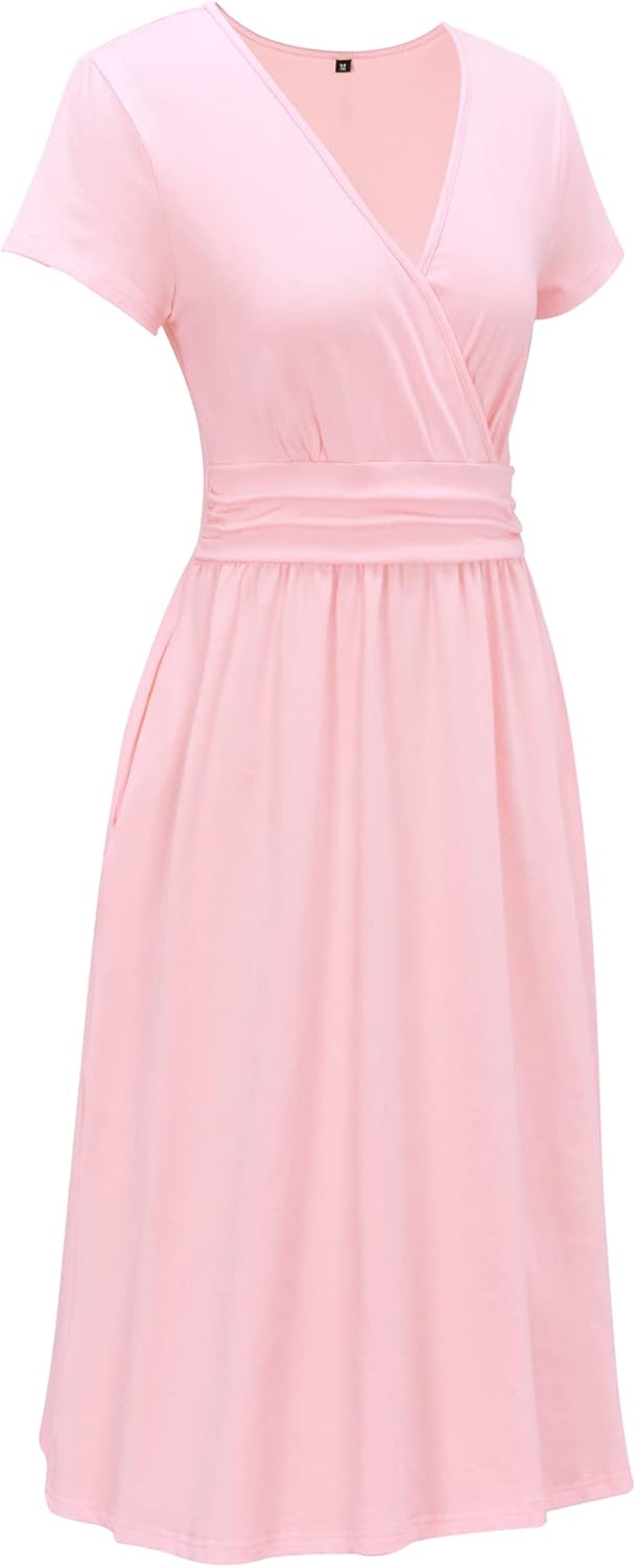 OUGES Women's Summer Short Sleeve V-Neck Floral Short Party Dress with Pockets