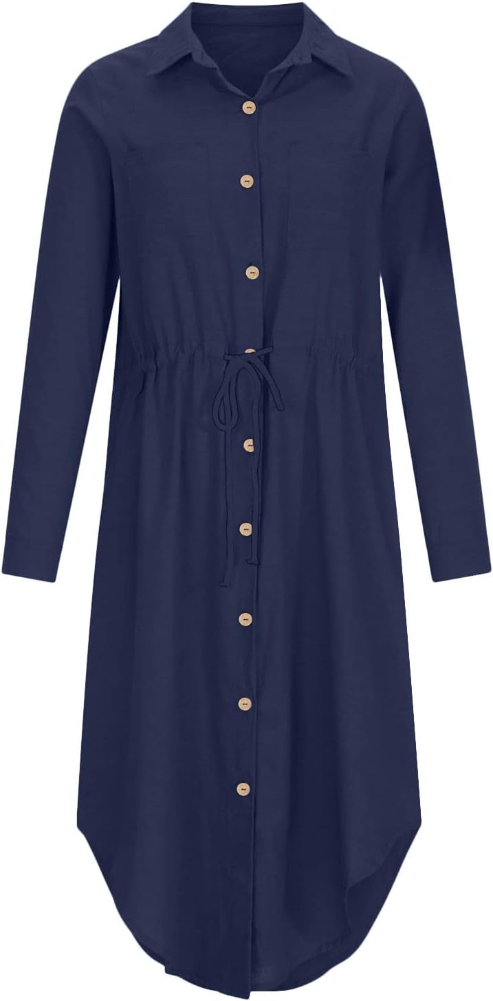 Women's Maxi Shirt Dresses Solid Cotton Linen Button Lapel Long Sleeves Summer Irregular Hem Daily Casual Sundress