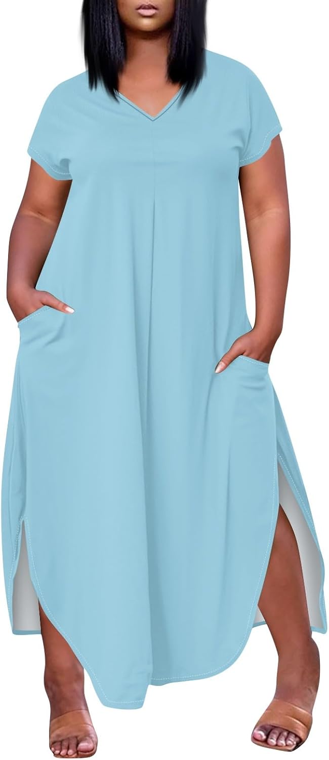 Maxi Dresses for Women 2025 Plus Size Tie Dye V Neck Dress Short Sleeve Side Split Beach Summer Sundress with Pocket