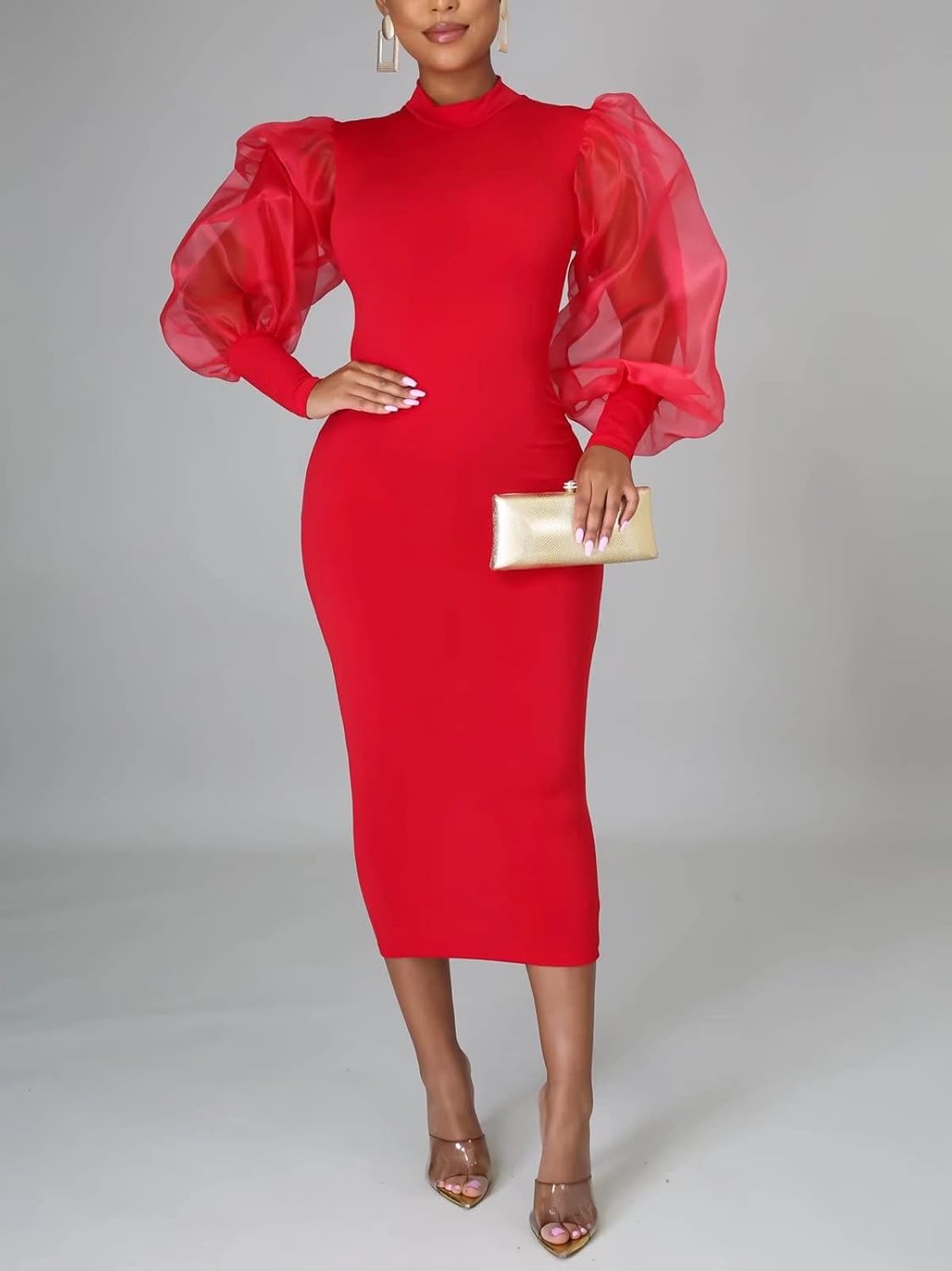 Ekaliy Women's See Through Bodycon Dress Sheer Mesh Long Puff Lantern Sleeve Dress Sexy Club Party Midi Dress Clubwear