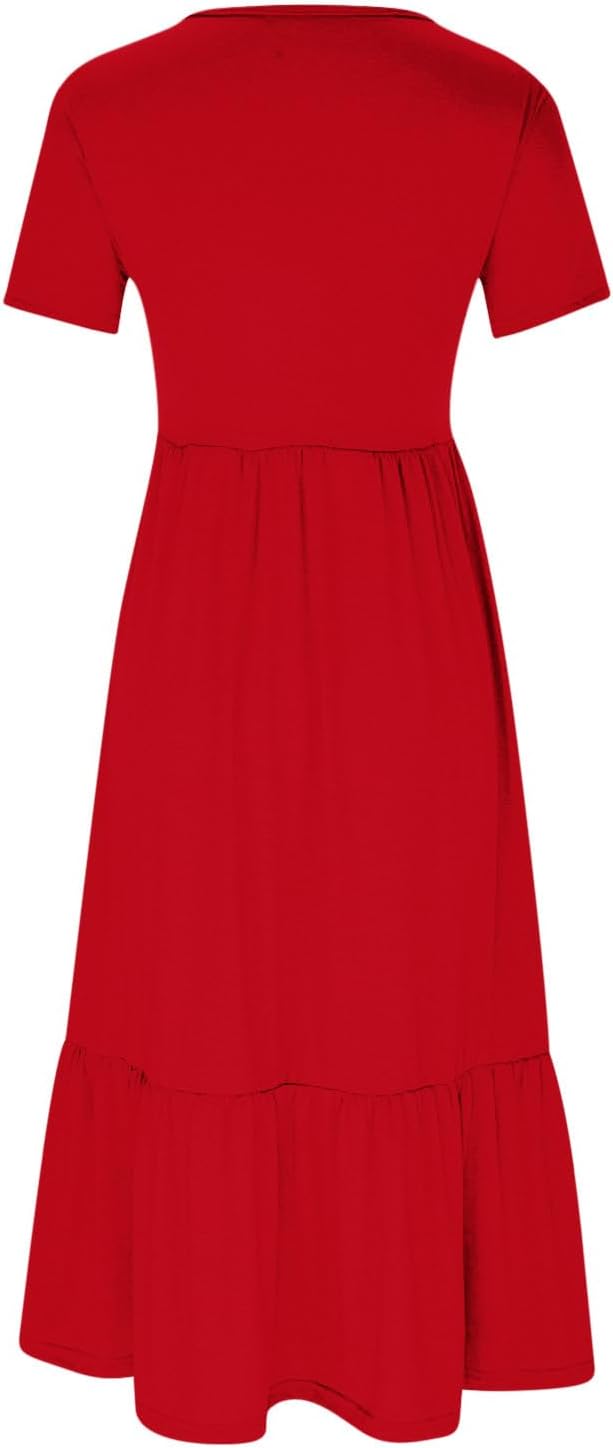 XUNRYAN Summer Dresses for Women 2024 Casual Calf Length Maxi Dress Pleated Flowy Tiered Swing Beach Sundress with Pockets