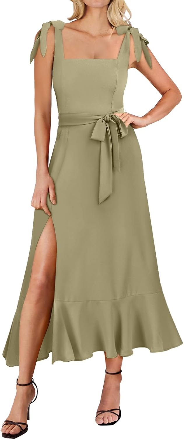 ANRABESS Women's Square Neck Ruffle Split Midi Elegant Formal Wedding Guest Cocktail Bridesmaid Graduation Party Dresses