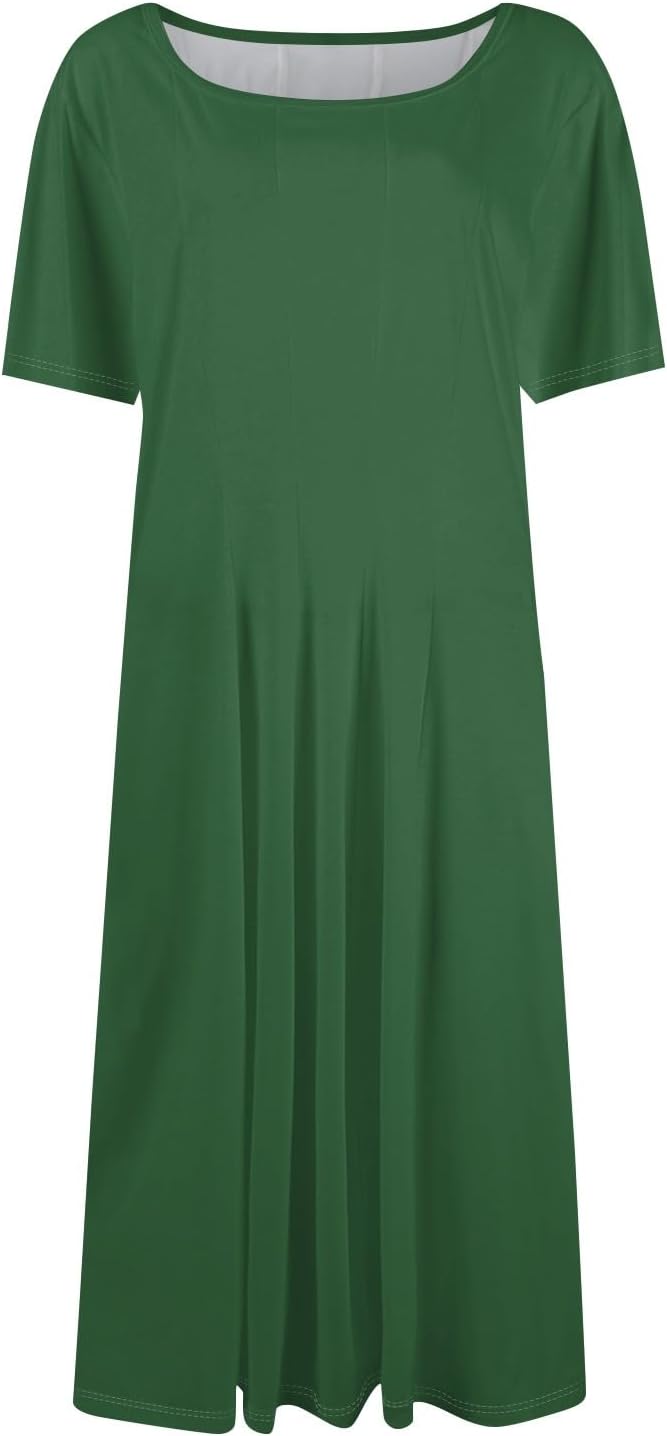 Summer Dresses for Women 2025 Crew Neck Short Sleeve Boho Beach Vacation Floral/Solid Midi Sundresses with Pockets