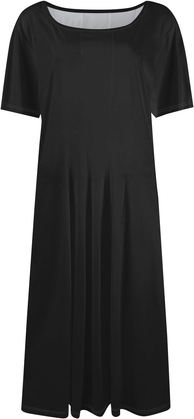 Summer Dresses for Women 2025 Crew Neck Short Sleeve Boho Beach Vacation Floral/Solid Midi Sundresses with Pockets