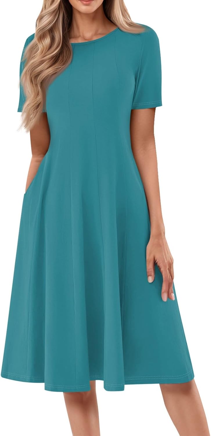 Summer Dresses for Women 2025 Crew Neck Short Sleeve Boho Beach Vacation Floral/Solid Midi Sundresses with Pockets