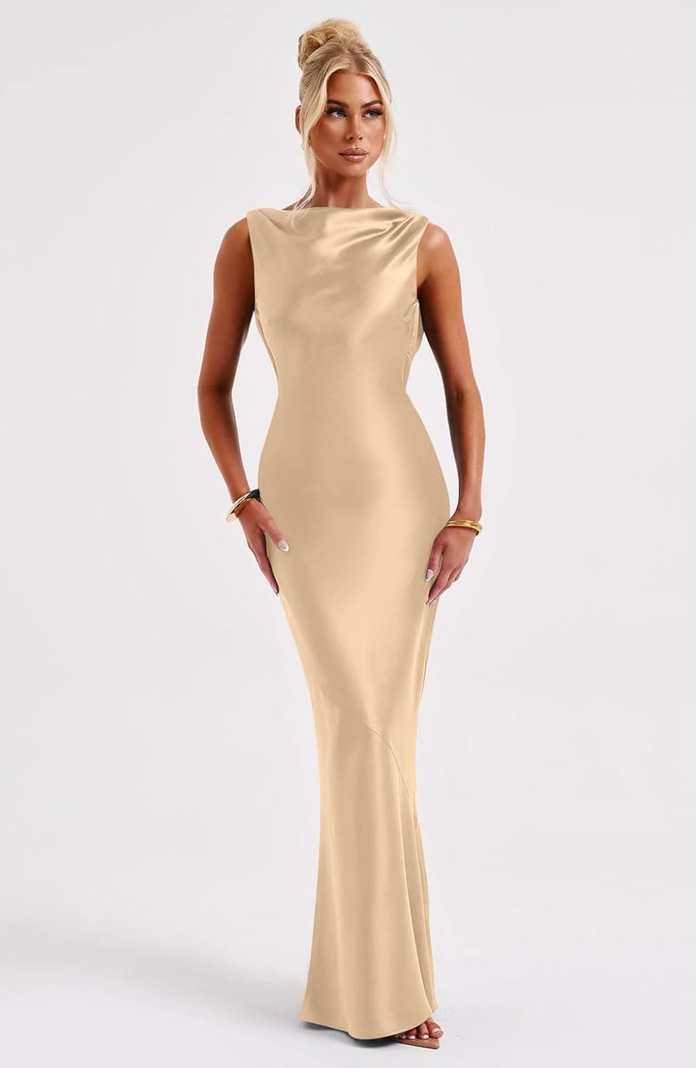 Memoriesea Women's Satin Elegant Sleeveless High Neck Tie Cocktail Party Maxi Dress