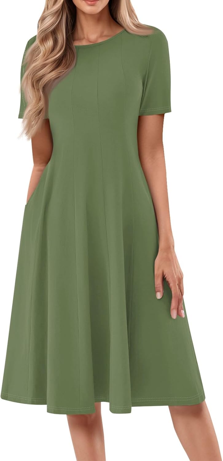 Summer Dresses for Women 2025 Crew Neck Short Sleeve Boho Beach Vacation Floral/Solid Midi Sundresses with Pockets