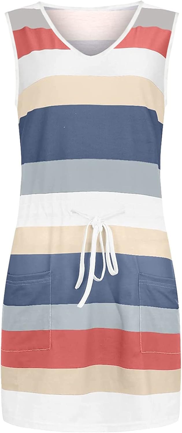 Women Summer Casual Striped Dress Drawstring Waist Tie Knot Mini Dresses Short Sleeve V Neck Tank Dress with Pocket
