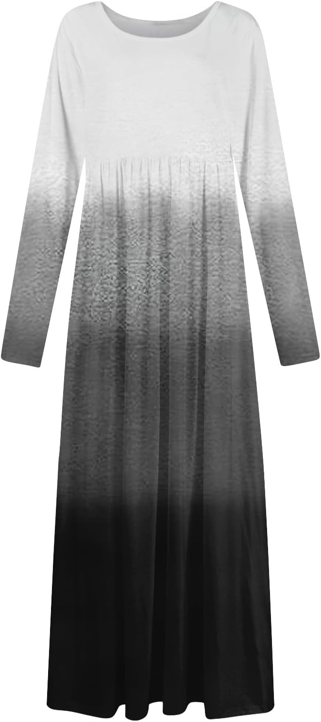 Long Sleeve Maxi Dress for Women Elegant Crew Neck Flowy Swing Dresses Solid Color Wedding Guest Dresses