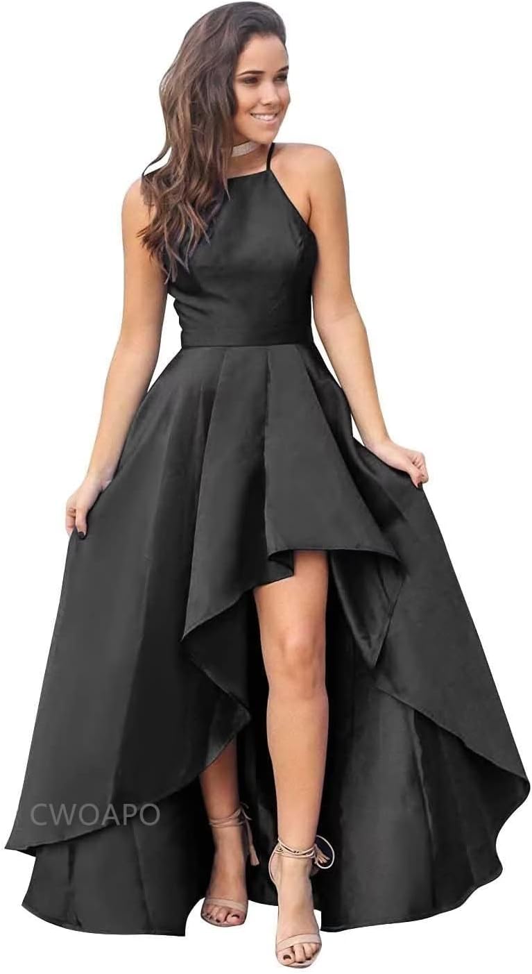 CWOAPO Halter High Low Bridesmaid Dress Evening Dress Satin Homecoming Dresses A Line Cocktail Gowns with Pockets