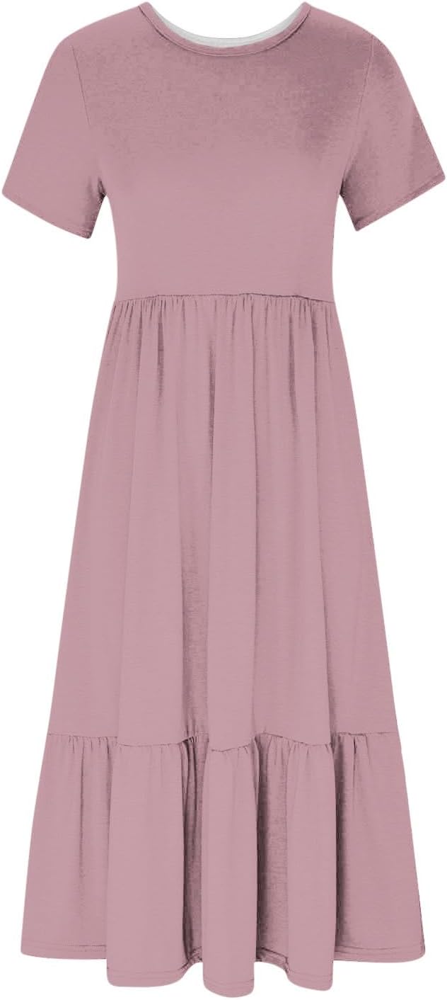 XUNRYAN Summer Dresses for Women 2024 Casual Calf Length Maxi Dress Pleated Flowy Tiered Swing Beach Sundress with Pockets