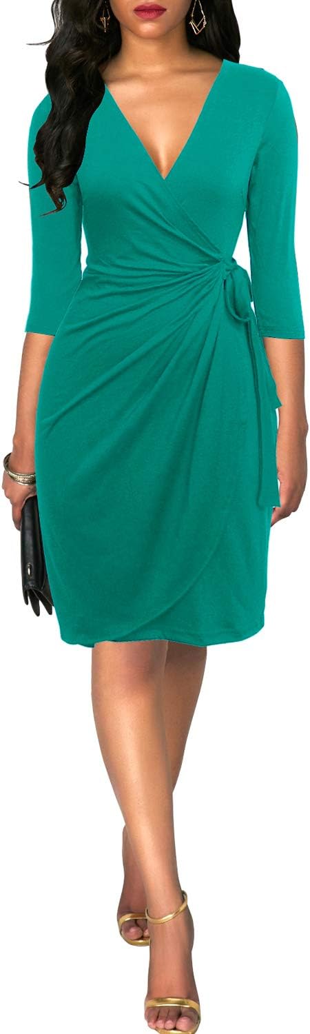 Berydress Women's Classic 3/4 Sleeve V Neck Sheath Casual Party Work Faux Black Wrap Dress