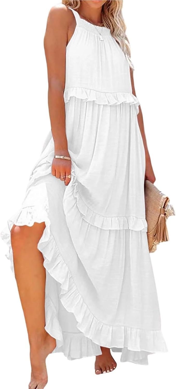 Boho Dresses for Women,2025 Summer Flowy Ruffle Tiered Swing Smocked Beach Sundress,Sleeveless Halter Maxi Dress