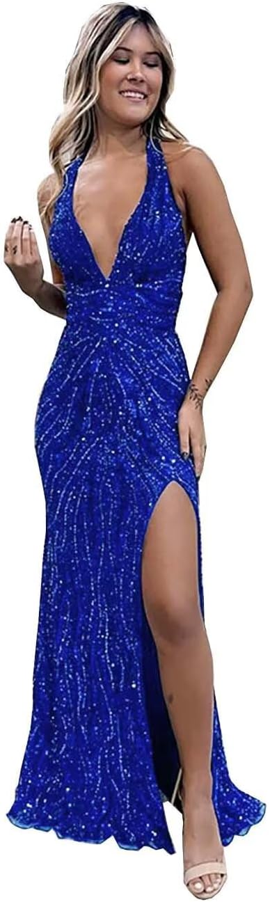 Beaded Evening Gown Deep V-Neck Mermaid Prom Dresses High Split Halter Formal Dress Sleeveless Bodycon Trumpet JS0011