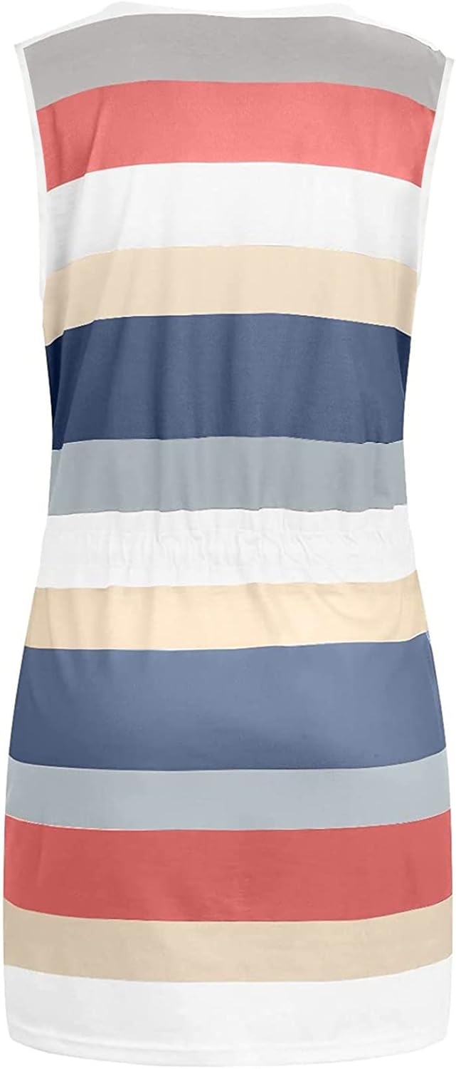 Women Summer Casual Striped Dress Drawstring Waist Tie Knot Mini Dresses Short Sleeve V Neck Tank Dress with Pocket