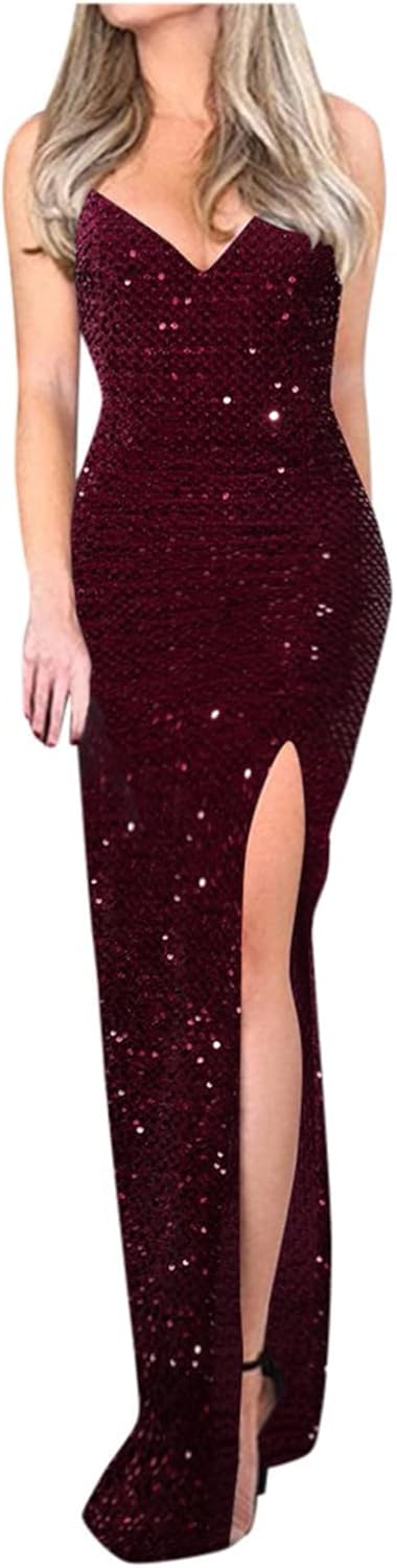 Spaghetti Straps Sequin Prom Dresses Long Mermaid Glitter Backless Evening Party Gowns Slit Wedding Guests Dresses