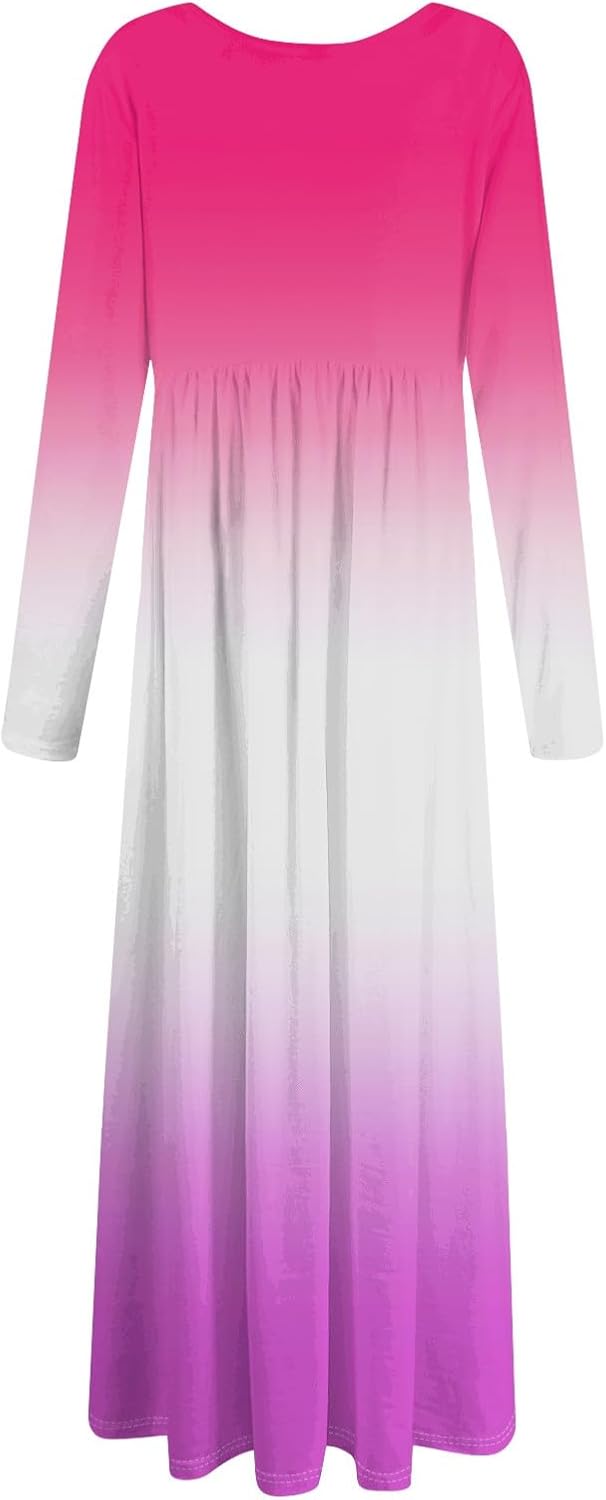 Long Sleeve Maxi Dress for Women Elegant Crew Neck Flowy Swing Dresses Solid Color Wedding Guest Dresses