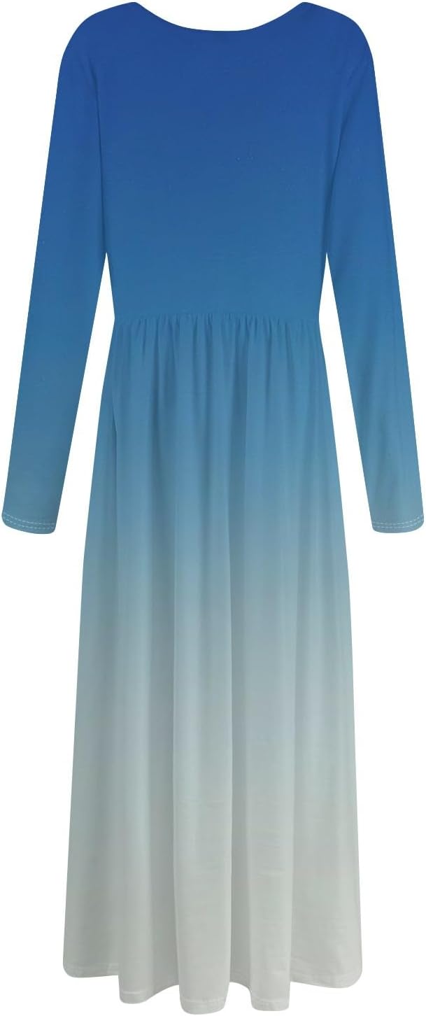 Long Sleeve Maxi Dress for Women Elegant Crew Neck Flowy Swing Dresses Solid Color Wedding Guest Dresses