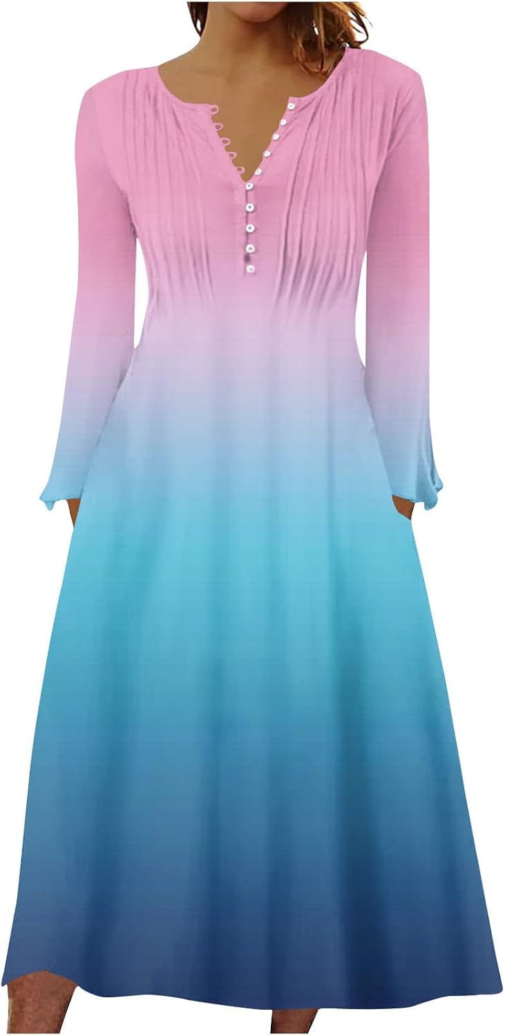 DOPOCQ Fall Women Dresses 2023 Long Sleeve V Neck Plus Size Maxi Dress Boho Dress High Waisted A-Line Dress with Pocket
