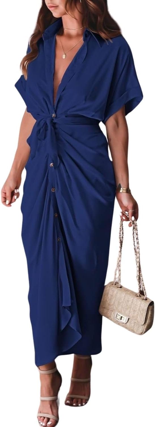 Women's Swing Classic Cute Maxi Ruched Breathable Shirt Dresses Bownot Slim Fitted Dress