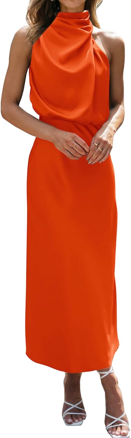 BTFBM Womens Sleeveless Cocktail Dresses Mock Neck Keyhole Elastic High Waist Evening Party Maxi Wedding Guest Dress
