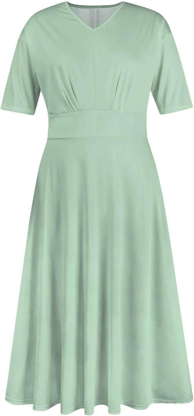 Women's Summer Elegant Cocktail Dress Solid Color Swing V-Neck Party Gown Dresses, S-2XL