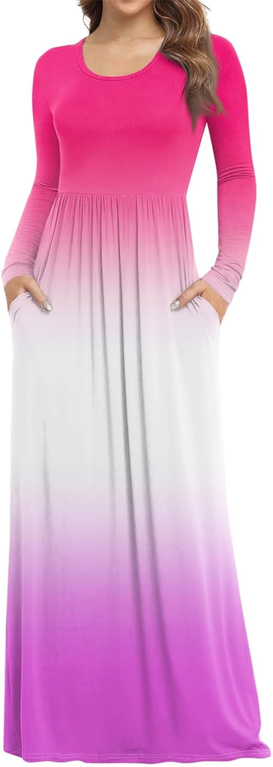 Long Sleeve Maxi Dress for Women Elegant Crew Neck Flowy Swing Dresses Solid Color Wedding Guest Dresses