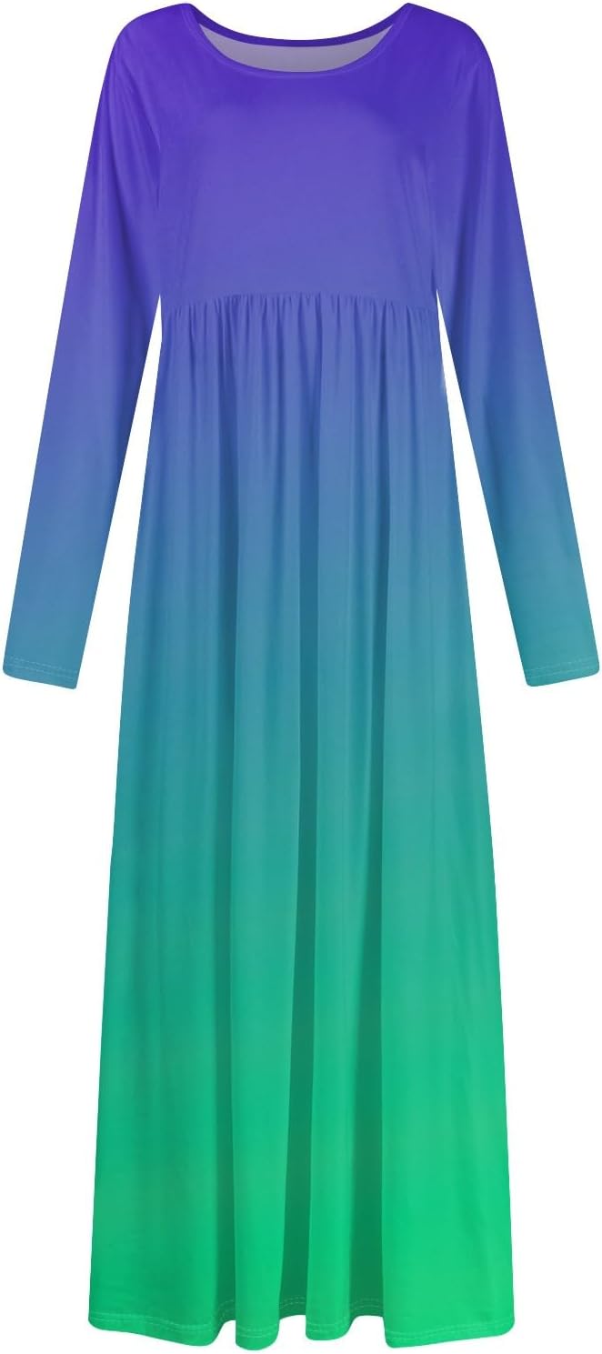 Long Sleeve Maxi Dress for Women Elegant Crew Neck Flowy Swing Dresses Solid Color Wedding Guest Dresses