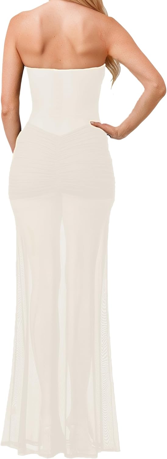 Women’s See Through Mesh Maxi Dress Sweatheart Neck Patchwork Slim Fit Night Out Seaside Long Dresses