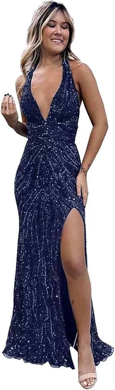 Beaded Evening Gown Deep V-Neck Mermaid Prom Dresses High Split Halter Formal Dress Sleeveless Bodycon Trumpet JS0011