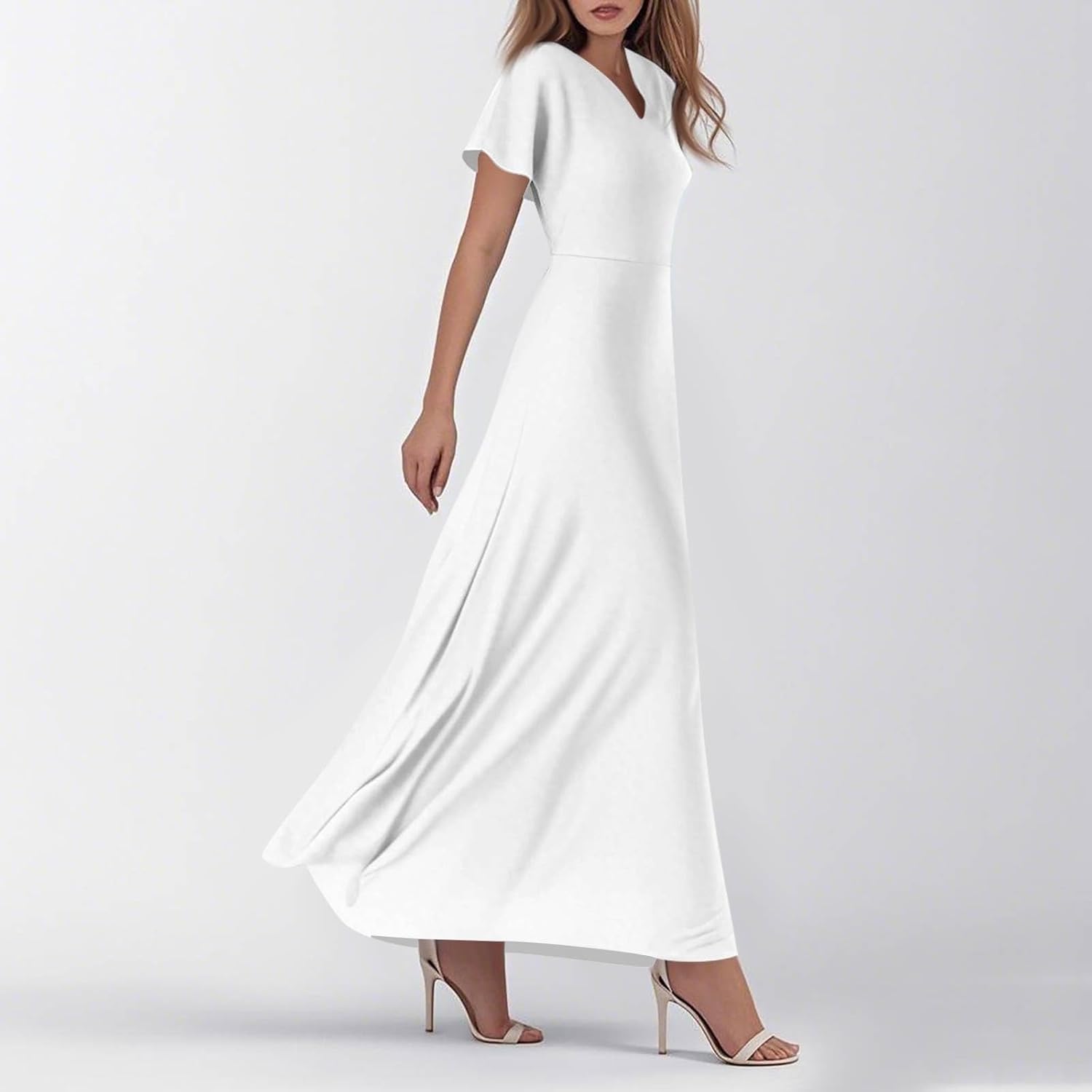 Womens Fashion V Neck Ruffle Short Sleeve Maxi Dress 2025 Summer Elegant Solid Color Flowy A Line Dresses