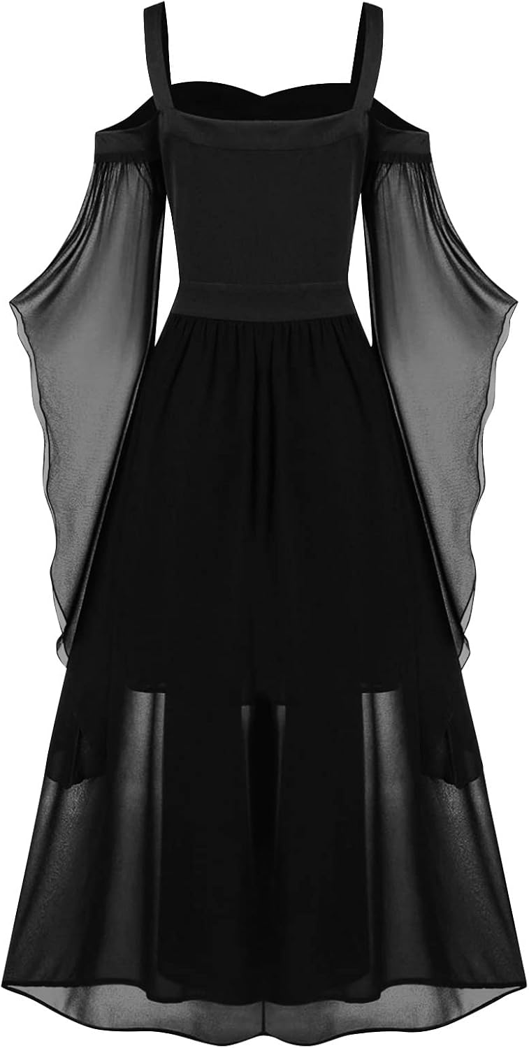 Women Casual Cold Shoulder Dress Solid Color Lace Butterfly Sleeve Halloween Retro Cocktail Party Gothic Prom Dress