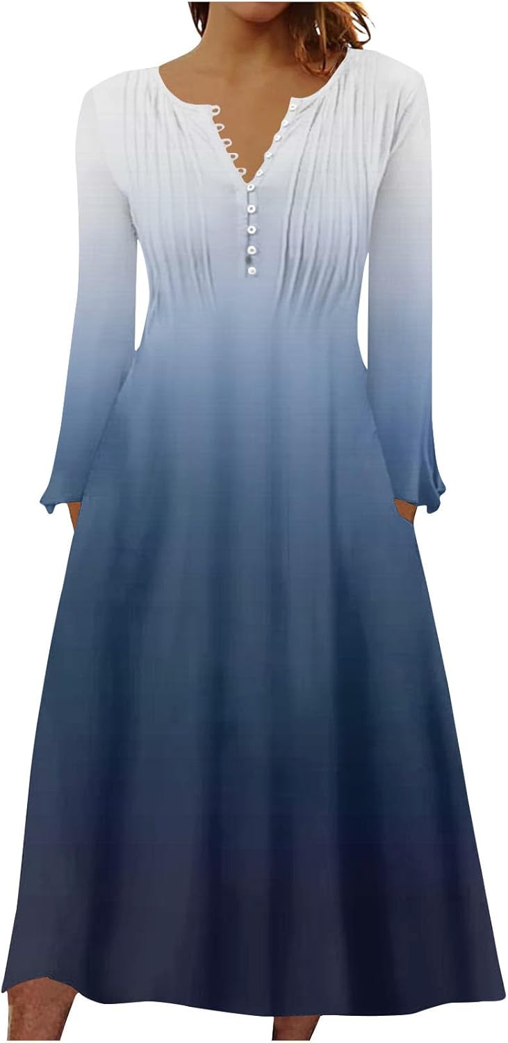 DOPOCQ Fall Women Dresses 2023 Long Sleeve V Neck Plus Size Maxi Dress Boho Dress High Waisted A-Line Dress with Pocket