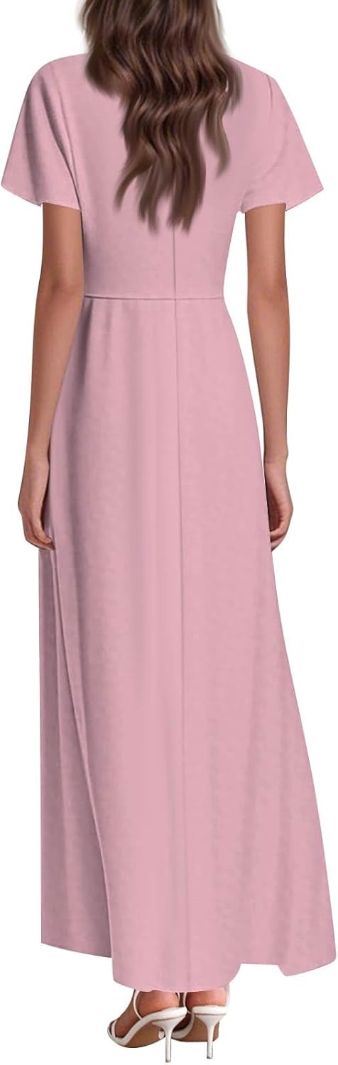 Womens Fashion V Neck Ruffle Short Sleeve Maxi Dress 2025 Summer Elegant Solid Color Flowy A Line Dresses