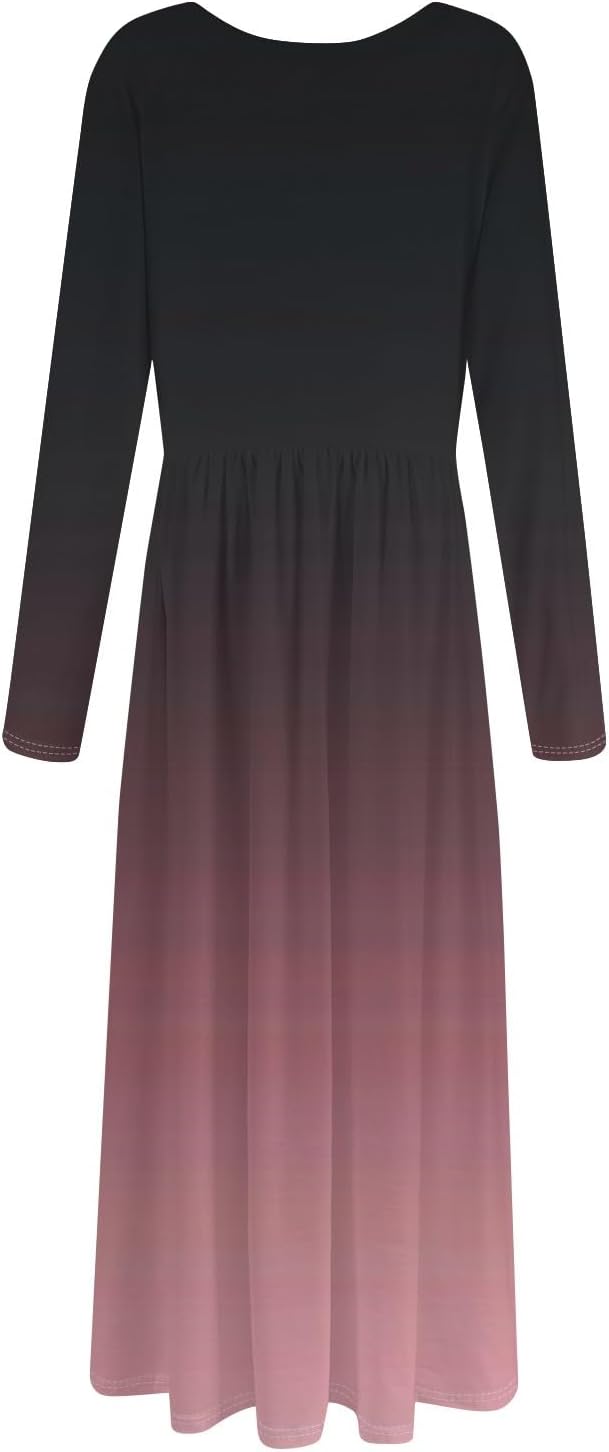 Long Sleeve Maxi Dress for Women Elegant Crew Neck Flowy Swing Dresses Solid Color Wedding Guest Dresses